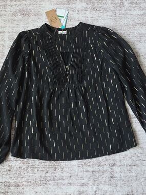 Women's Black V-Neck Pleated Blouse with Metallic Gold Accents